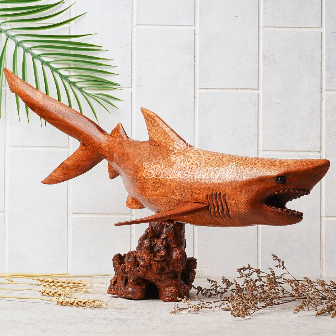 Wooden Tiger Shark With Stand, Handcarved From Suar Wood