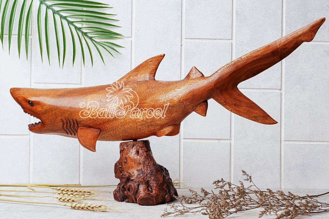Wooden Tiger Shark With Stand, Handcarved From Suar Wood