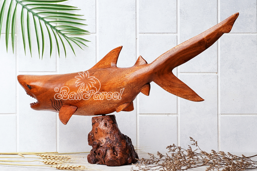 Wooden Tiger Shark With Stand, Handcarved From Suar Wood