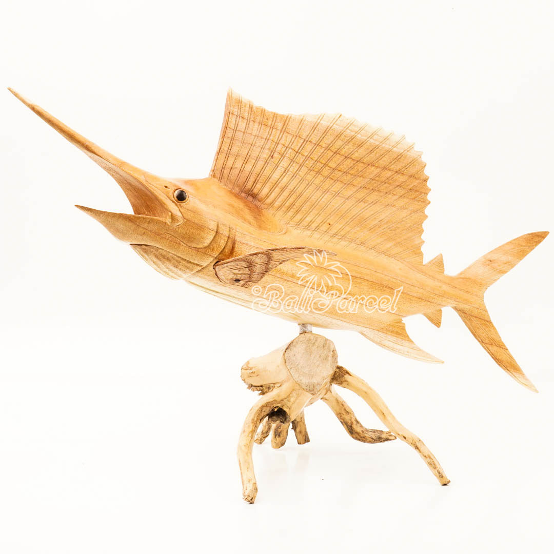 Wooden Sail Fish With Stand, Handmade From Jempinis Wood