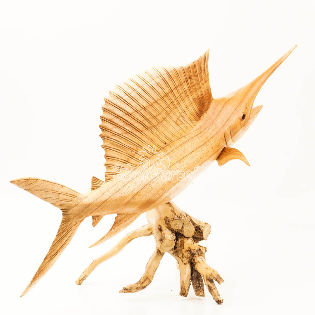 Wooden Sail Fish With Stand, Handmade From Jempinis Wood