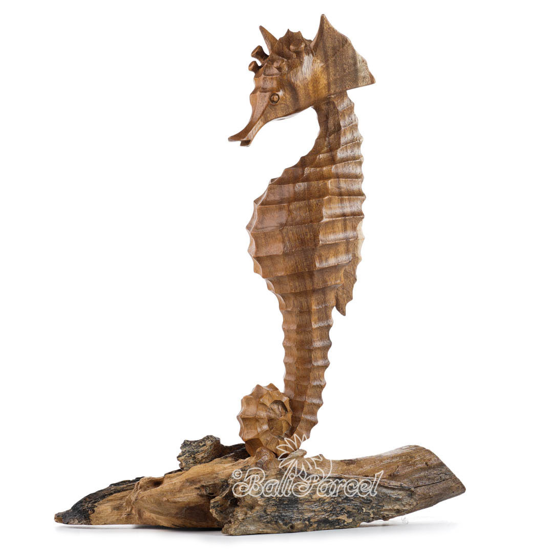 Wooden Standing Sea Horse With Parasite Wood, Handmade From Hibiscus Wood