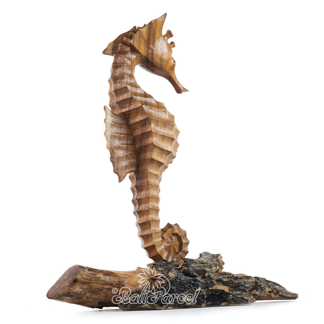 Wooden Standing Sea Horse With Parasite Wood, Handmade From Hibiscus Wood