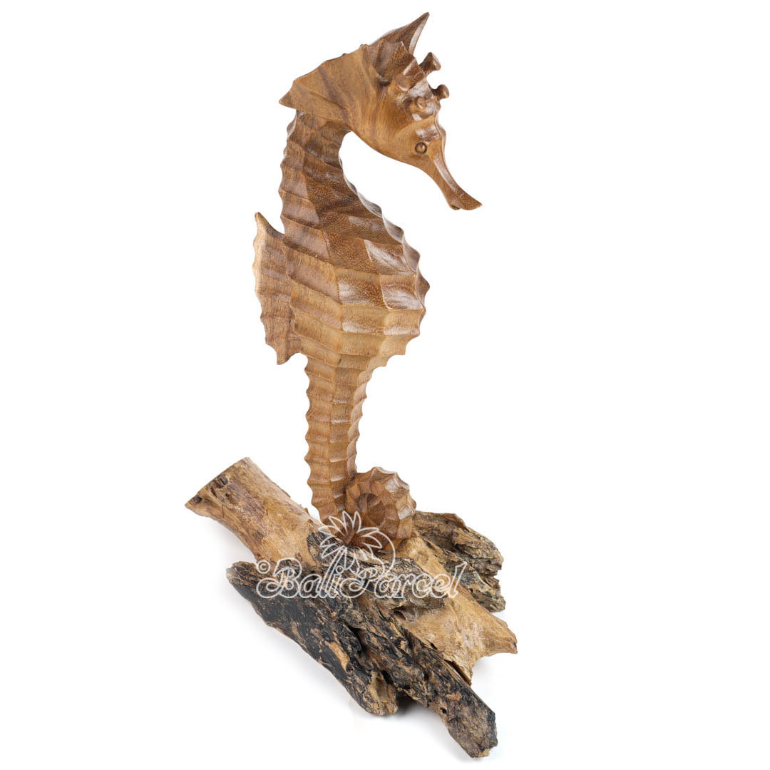 Wooden Standing Sea Horse With Parasite Wood, Handmade From Hibiscus Wood