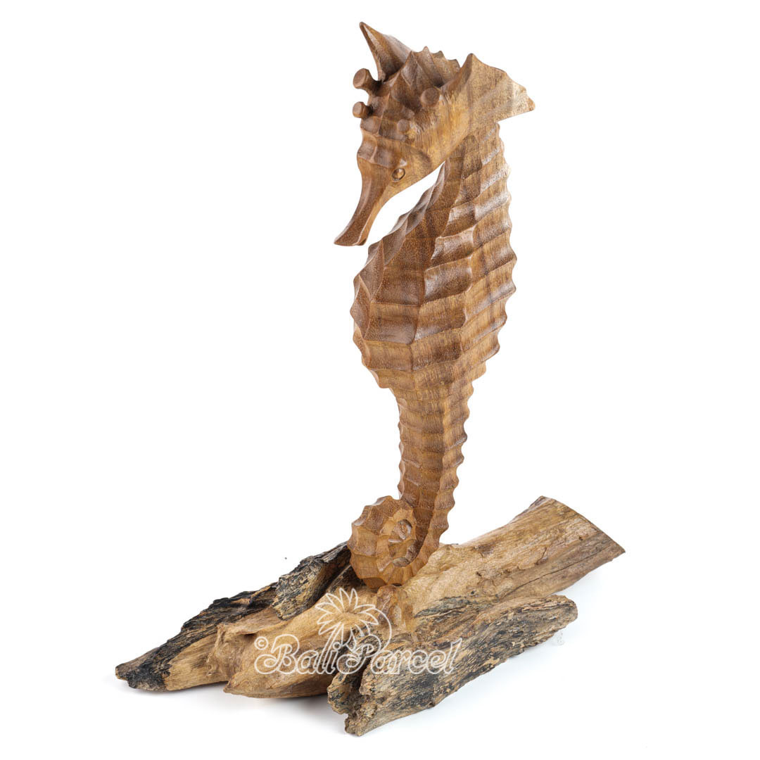 Wooden Standing Sea Horse With Parasite Wood, Handmade From Hibiscus Wood