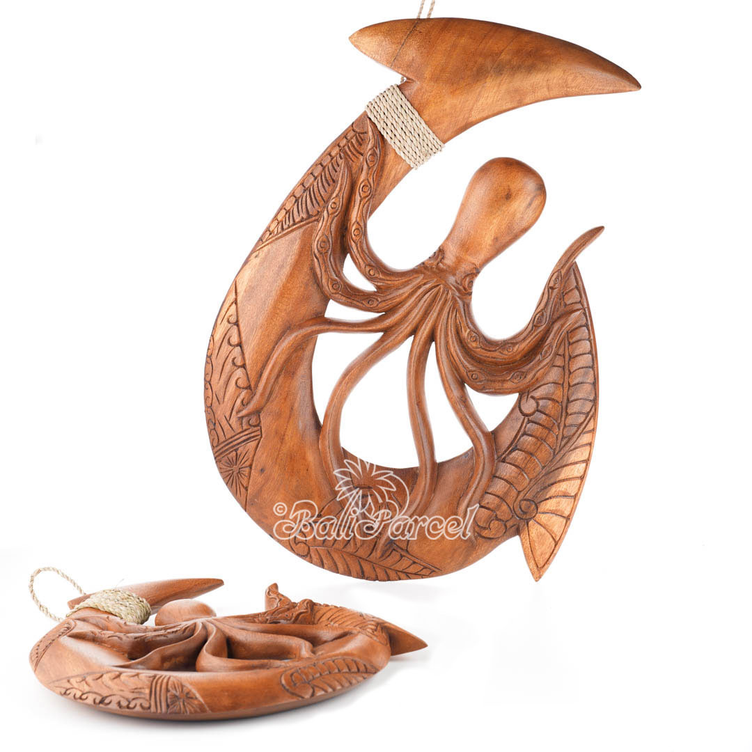 Wooden Hook Wallhanging With Octopus, Handmade From Suar Wood