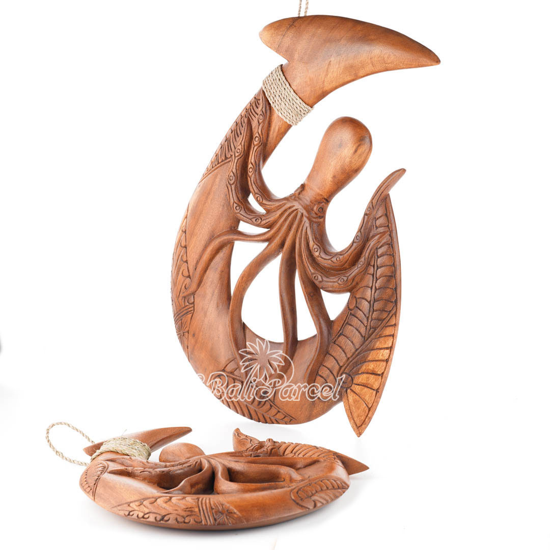 Wooden Hook Wallhanging With Octopus, Handmade From Suar Wood