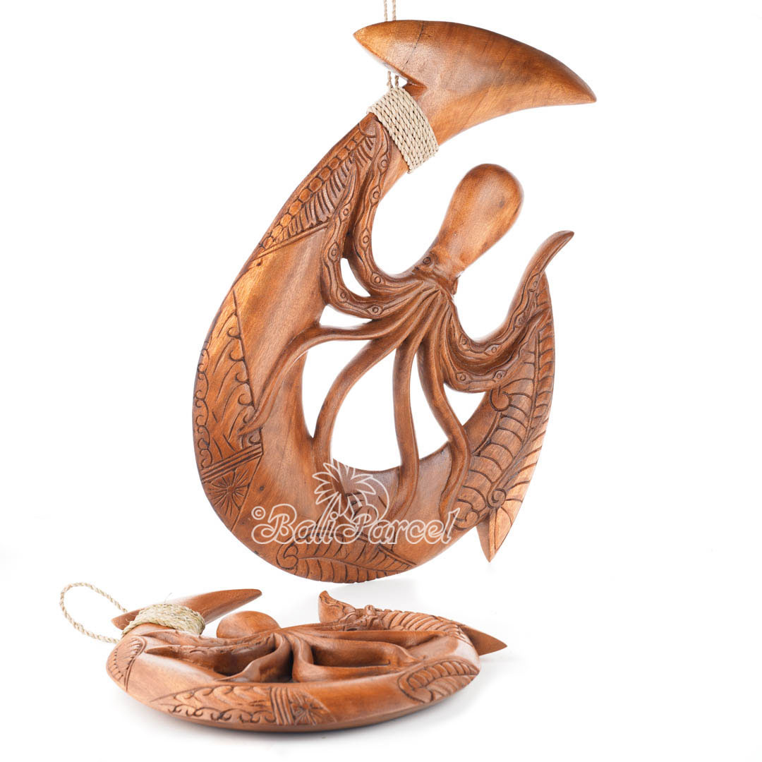Wooden Hook Wallhanging With Octopus, Handmade From Suar Wood