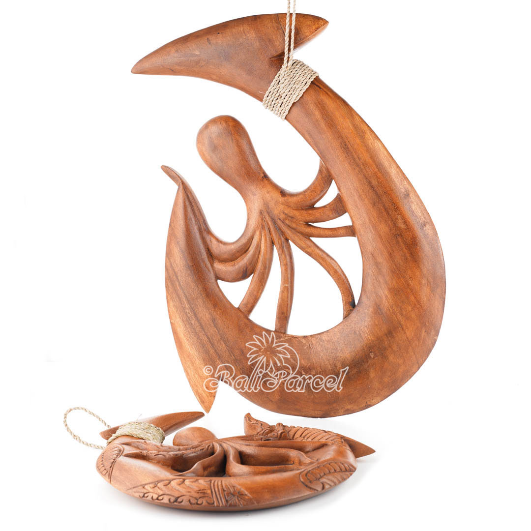 Wooden Hook Wallhanging With Octopus, Handmade From Suar Wood