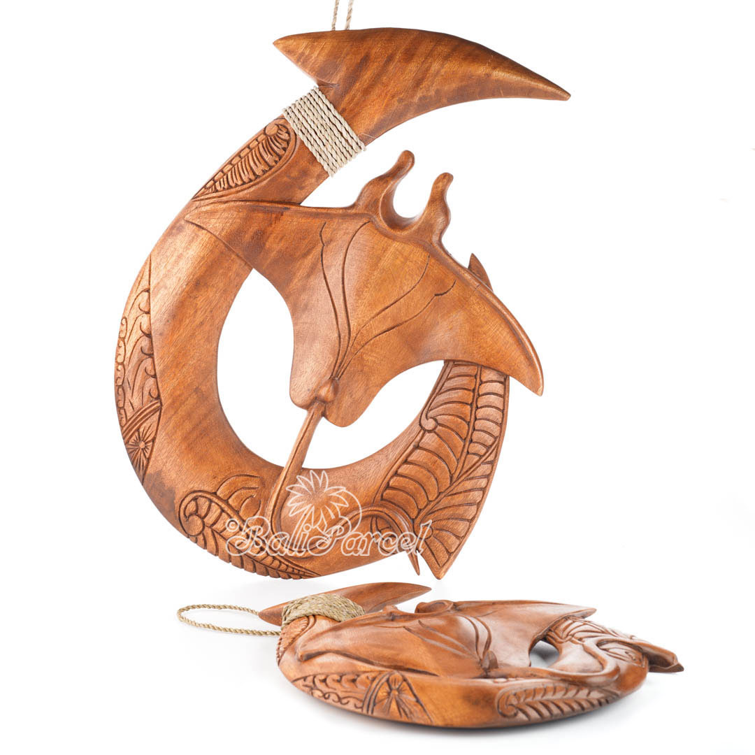 Wooden Hook Wallhanging With Manta Ray, Handmade From Suar Wood