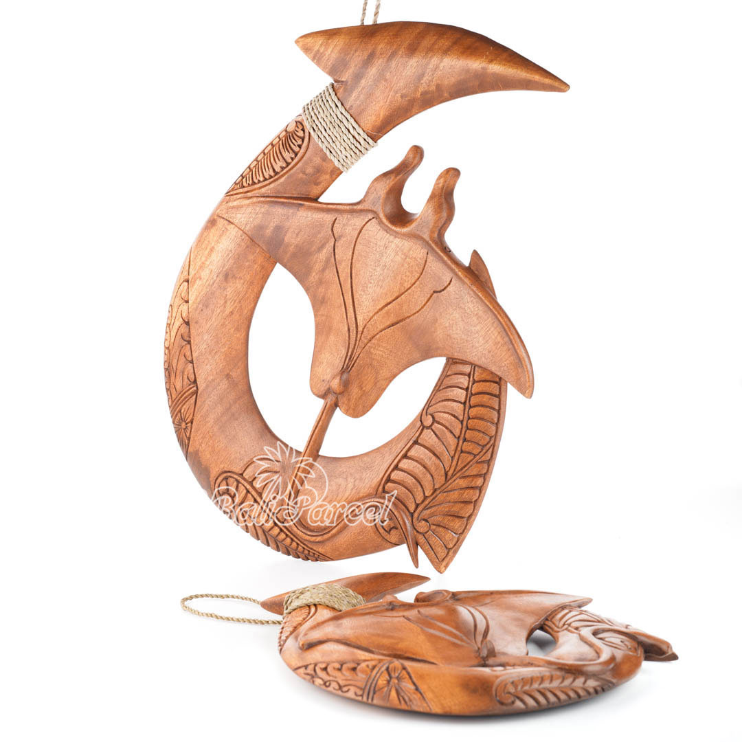 Wooden Hook Wallhanging With Manta Ray, Handmade From Suar Wood