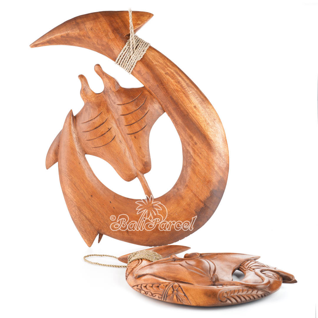 Wooden Hook Wallhanging With Manta Ray, Handmade From Suar Wood