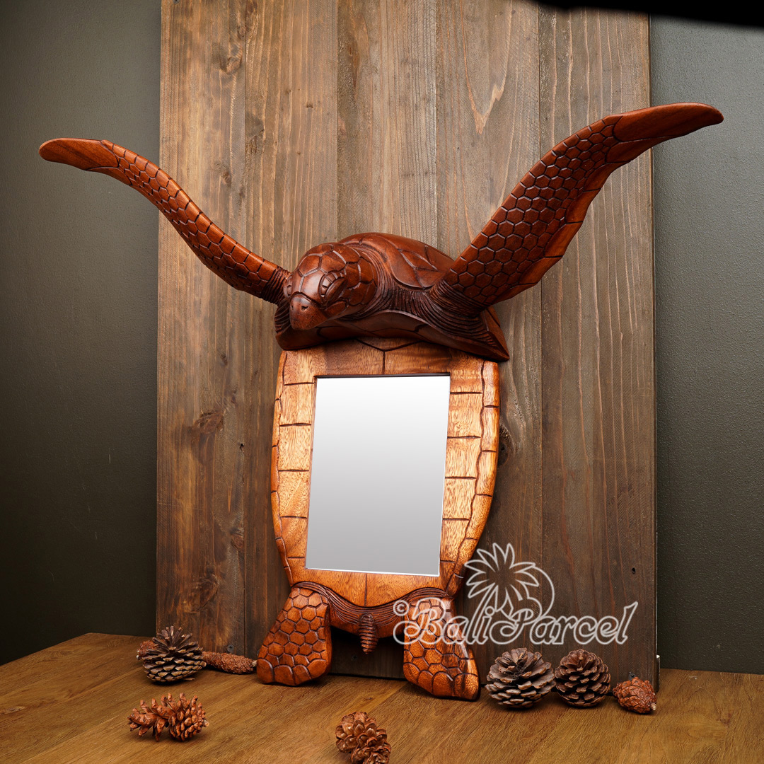 Wallhanging Wooden Turtle Mirror Handmade From Suar Wood