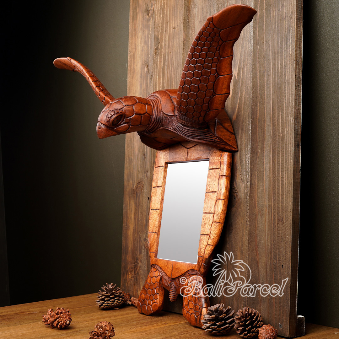 Wallhanging Wooden Turtle Mirror Handmade From Suar Wood