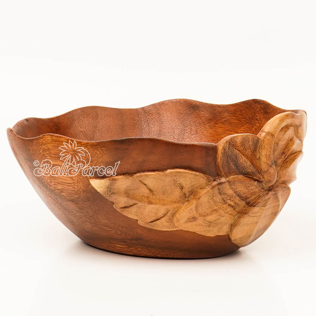 Wooden Bowl With Hibiscus Flower Carving, Handmade From Suar Wood