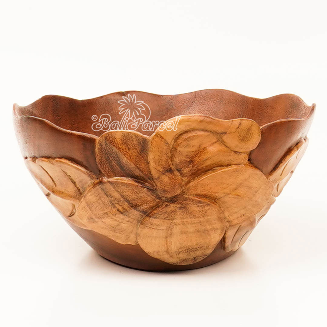 Wooden Bowl With Hibiscus Flower Carving, Handmade From Suar Wood