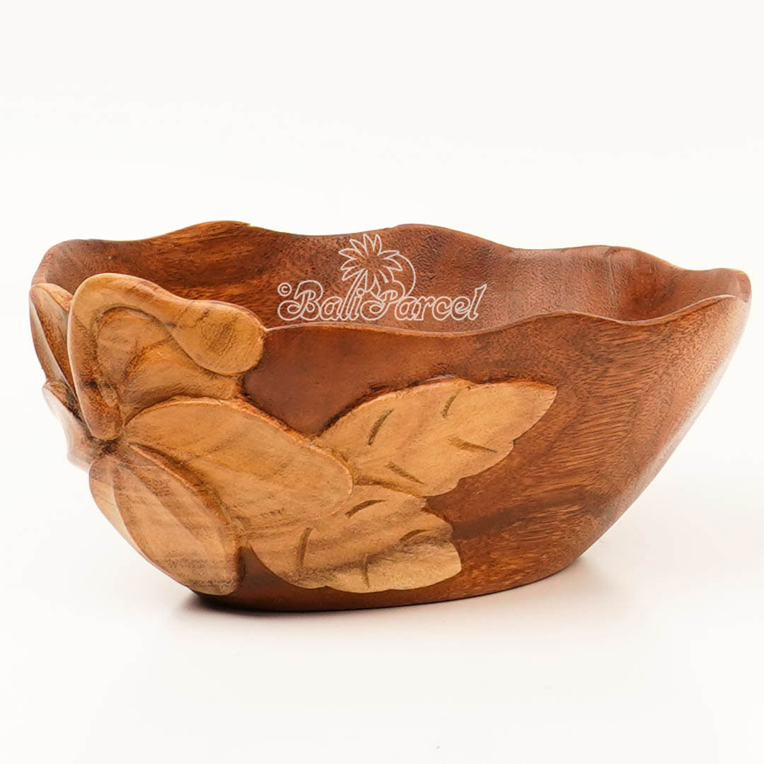 Wooden Bowl With Hibiscus Flower Carving, Handmade From Suar Wood