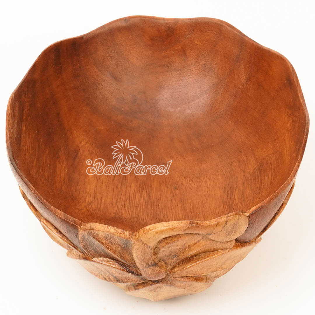 Wooden Bowl With Hibiscus Flower Carving, Handmade From Suar Wood