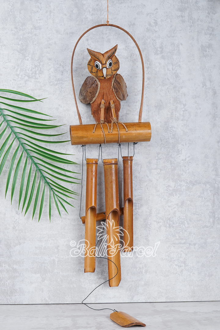 Bamboo Windchime With Owl, Painted Bamboo.