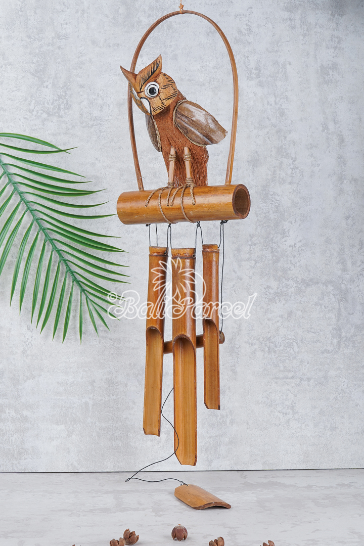 Bamboo Windchime With Owl, Painted Bamboo.
