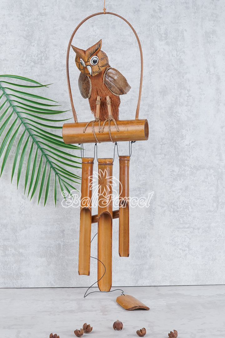 Bamboo Windchime With Owl, Painted Bamboo.