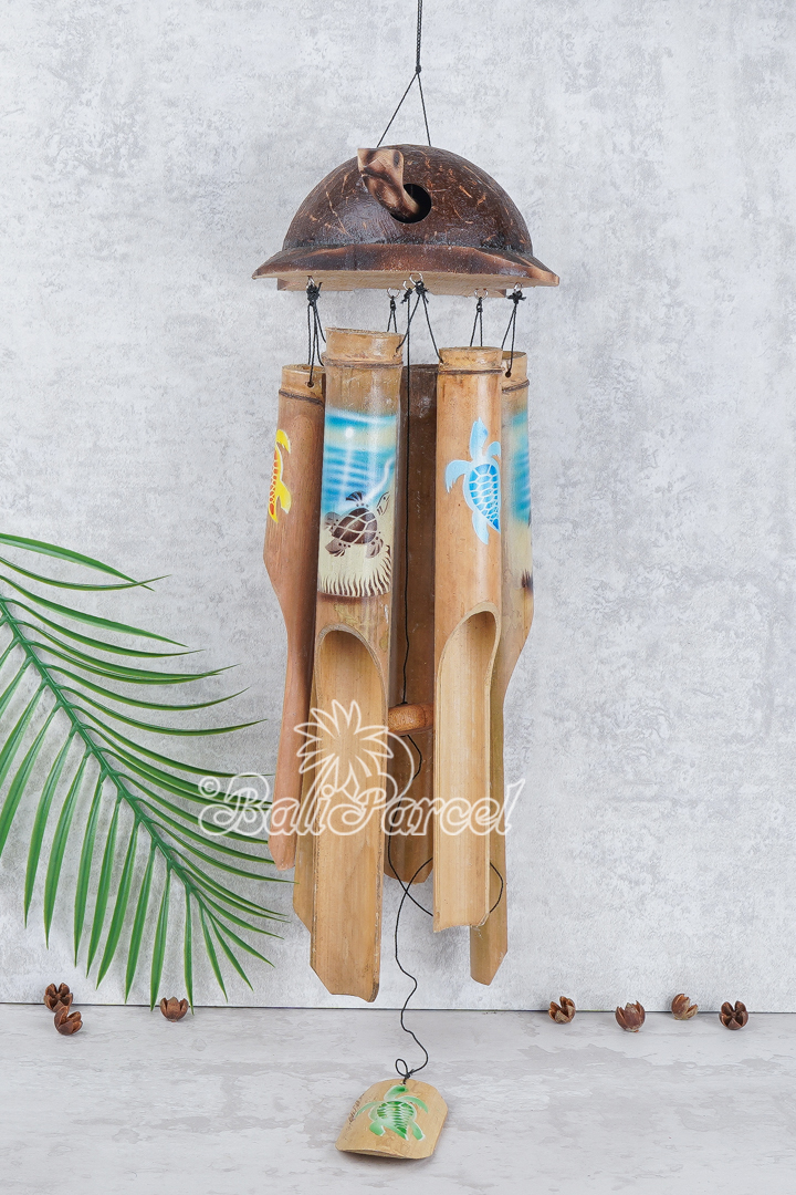 Bamboo Windchime With Turtle, Painted Bamboo.