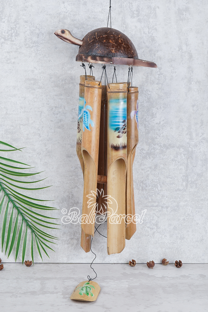 Bamboo Windchime With Turtle, Painted Bamboo.