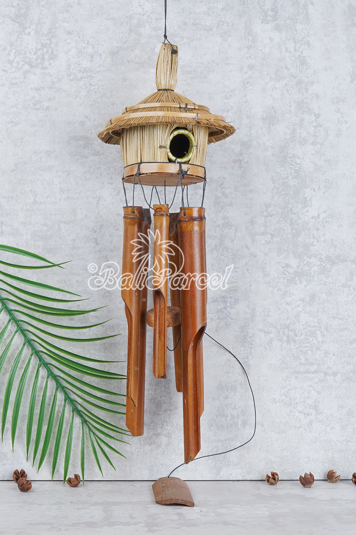 Bamboo Windchime With Grass Bird House, Painted Bambo.