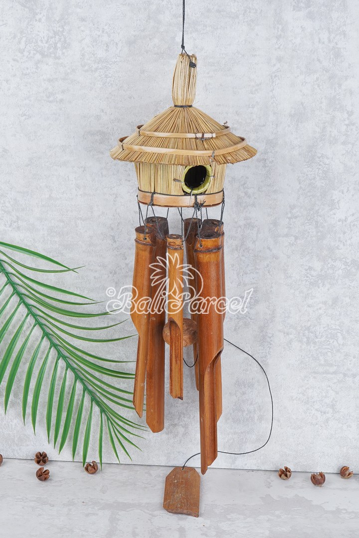 Bamboo Windchime With Grass Bird House, Painted Bambo.