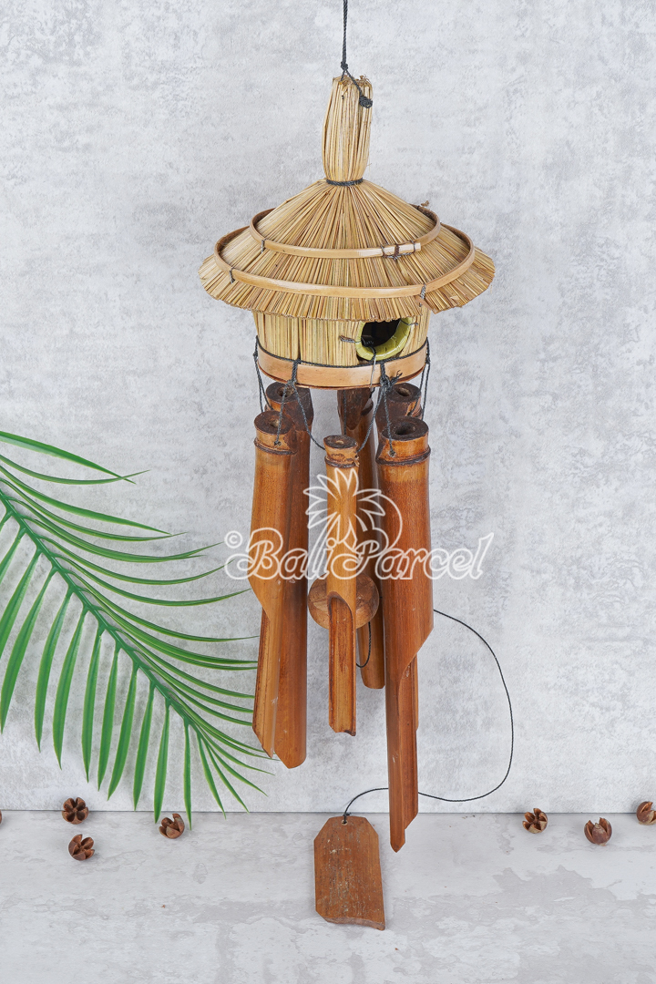 Bamboo Windchime With Grass Bird House, Painted Bambo.