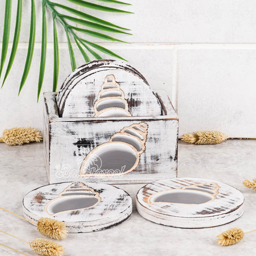 Wooden Coaster Round Set Of 6 With Boxed And Painting, Handmade From Albeisa Wood