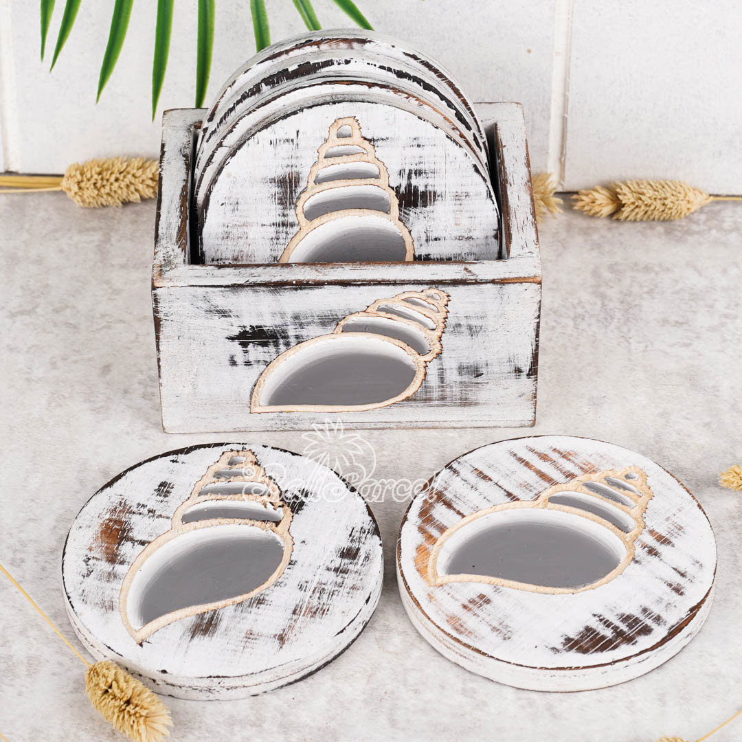 Wooden Coaster Round Set Of 6 With Boxed And Painting, Handmade From Albeisa Wood