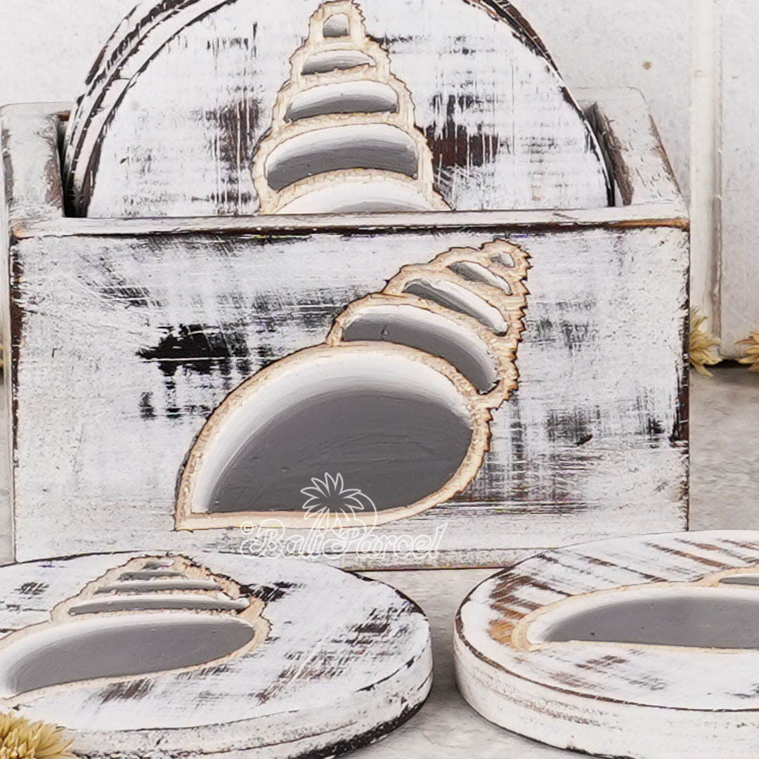 Wooden Coaster Round Set Of 6 With Boxed And Painting, Handmade From Albeisa Wood