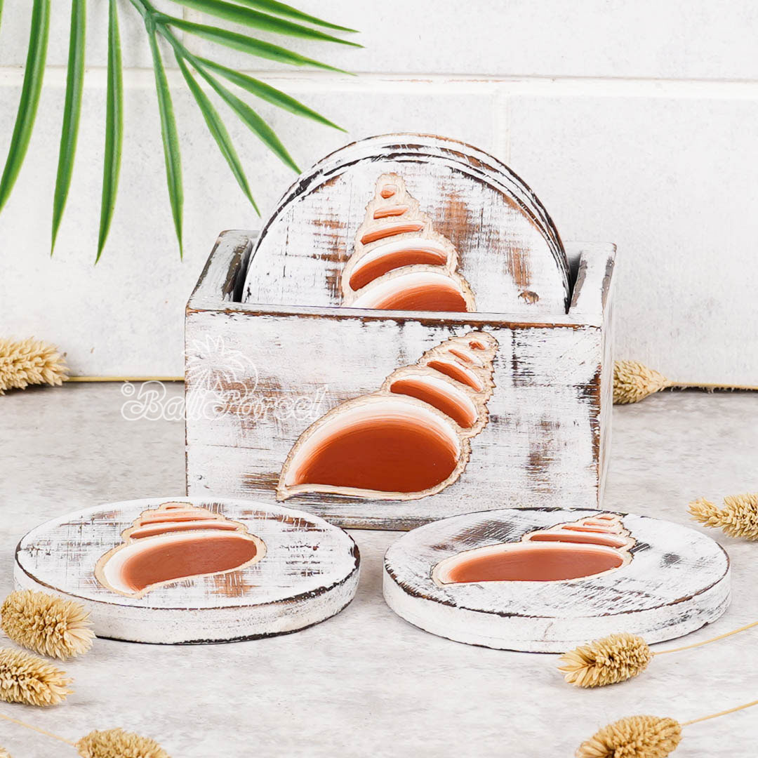 Wooden Coaster Round Set Of 6 With Boxed And Painting, Handmade From Albeisa Wood