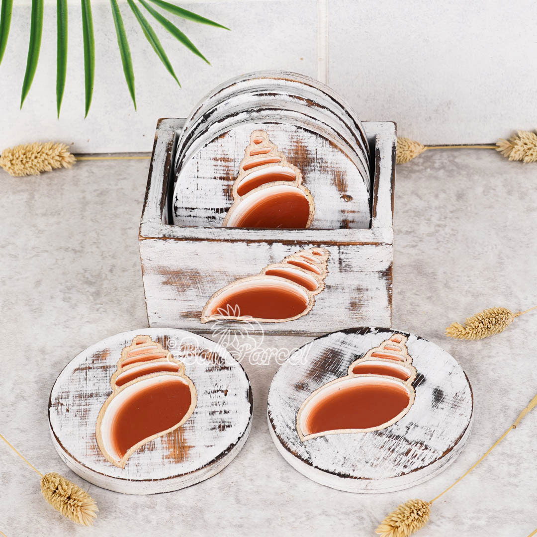 Wooden Coaster Round Set Of 6 With Boxed And Painting, Handmade From Albeisa Wood