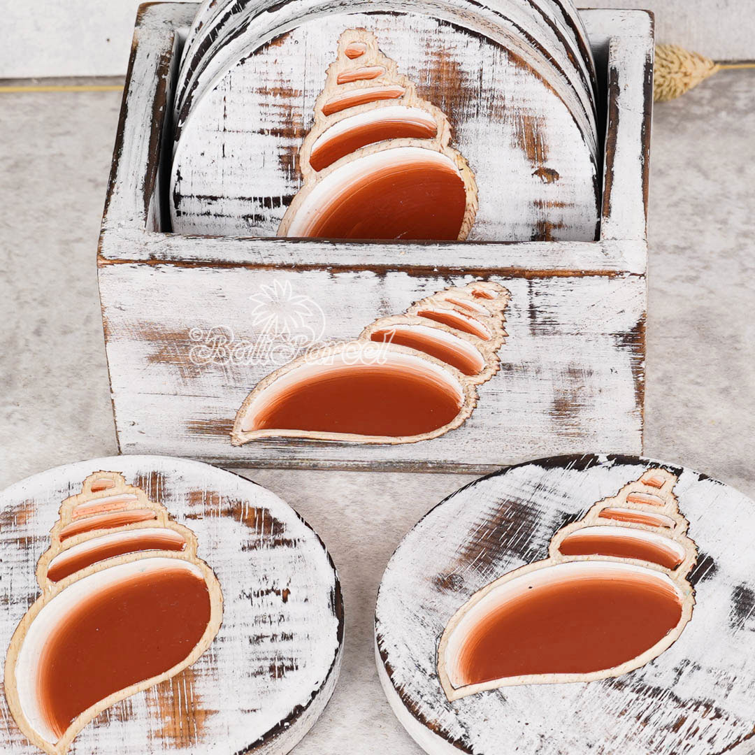 Wooden Coaster Round Set Of 6 With Boxed And Painting, Handmade From Albeisa Wood