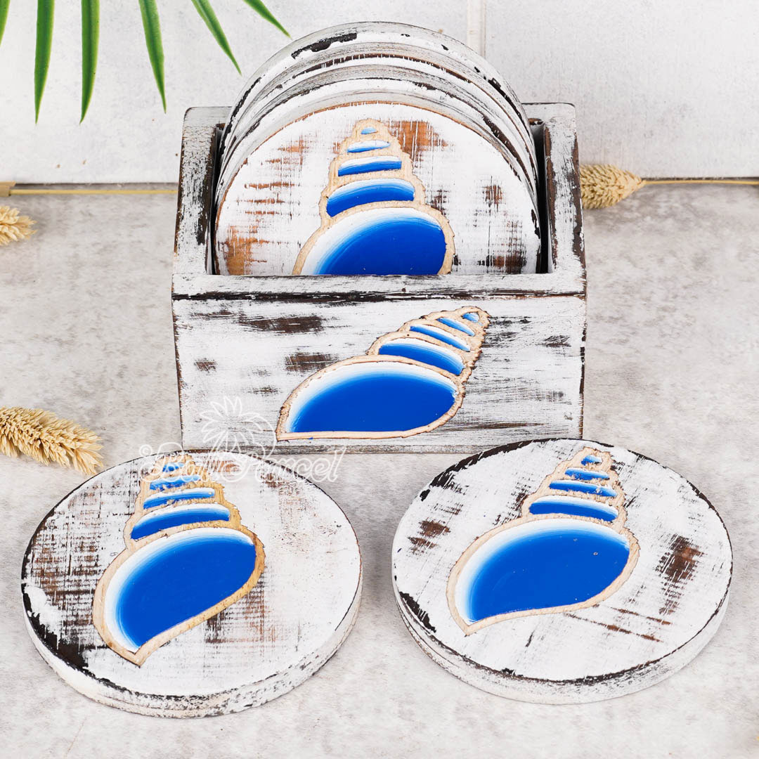 Wooden Coaster Round Set Of 6 With Boxed And Painting, Handmade From Albeisa Wood