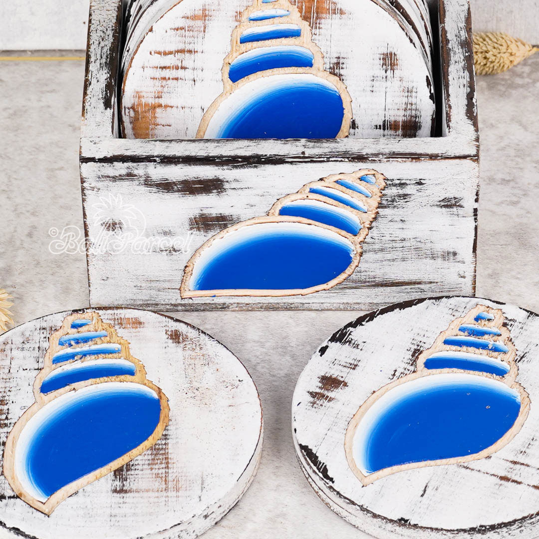 Wooden Coaster Round Set Of 6 With Boxed And Painting, Handmade From Albeisa Wood