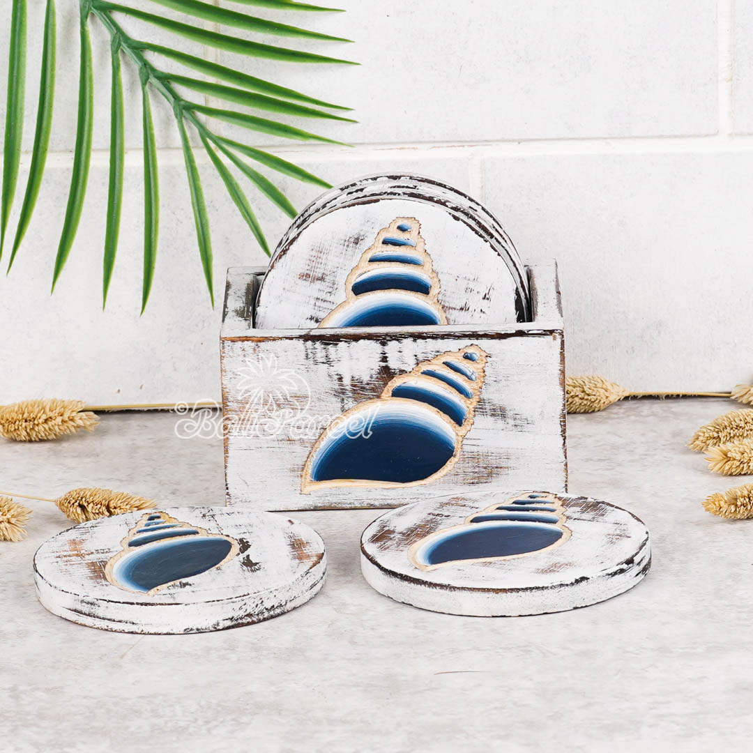 Wooden Coaster Round Set Of 6 With Boxed And Painting, Handmade From Albeisa Wood