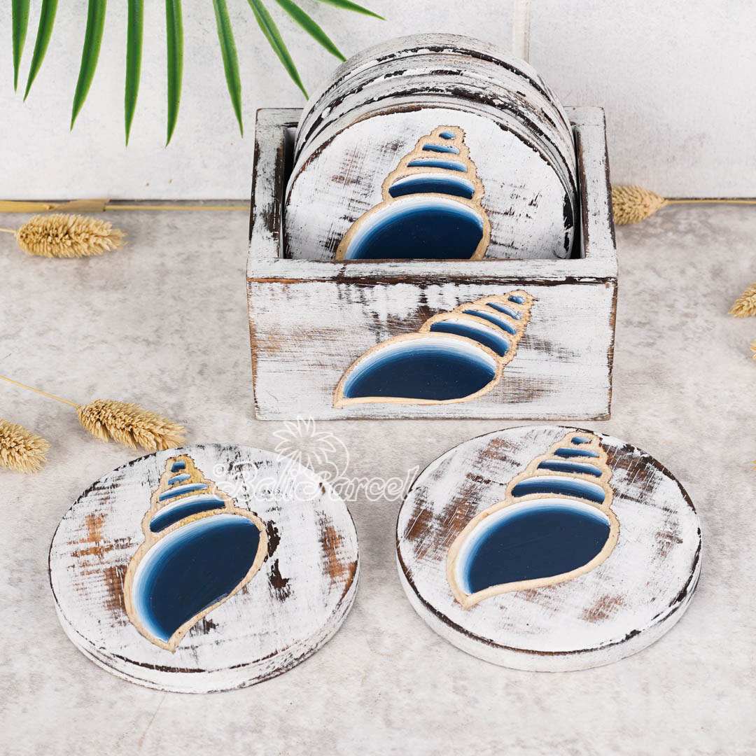 Wooden Coaster Round Set Of 6 With Boxed And Painting, Handmade From Albeisa Wood