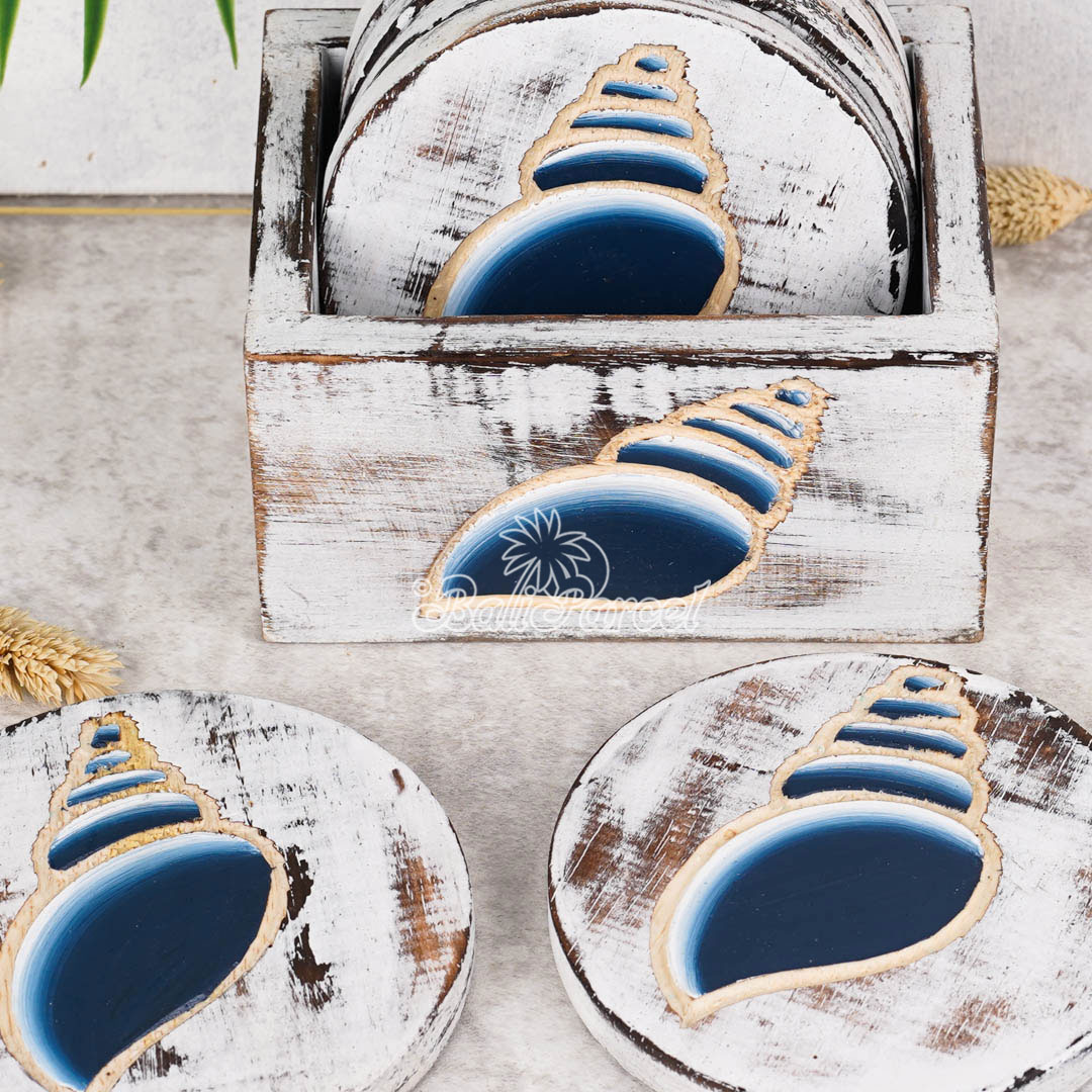 Wooden Coaster Round Set Of 6 With Boxed And Painting, Handmade From Albeisa Wood