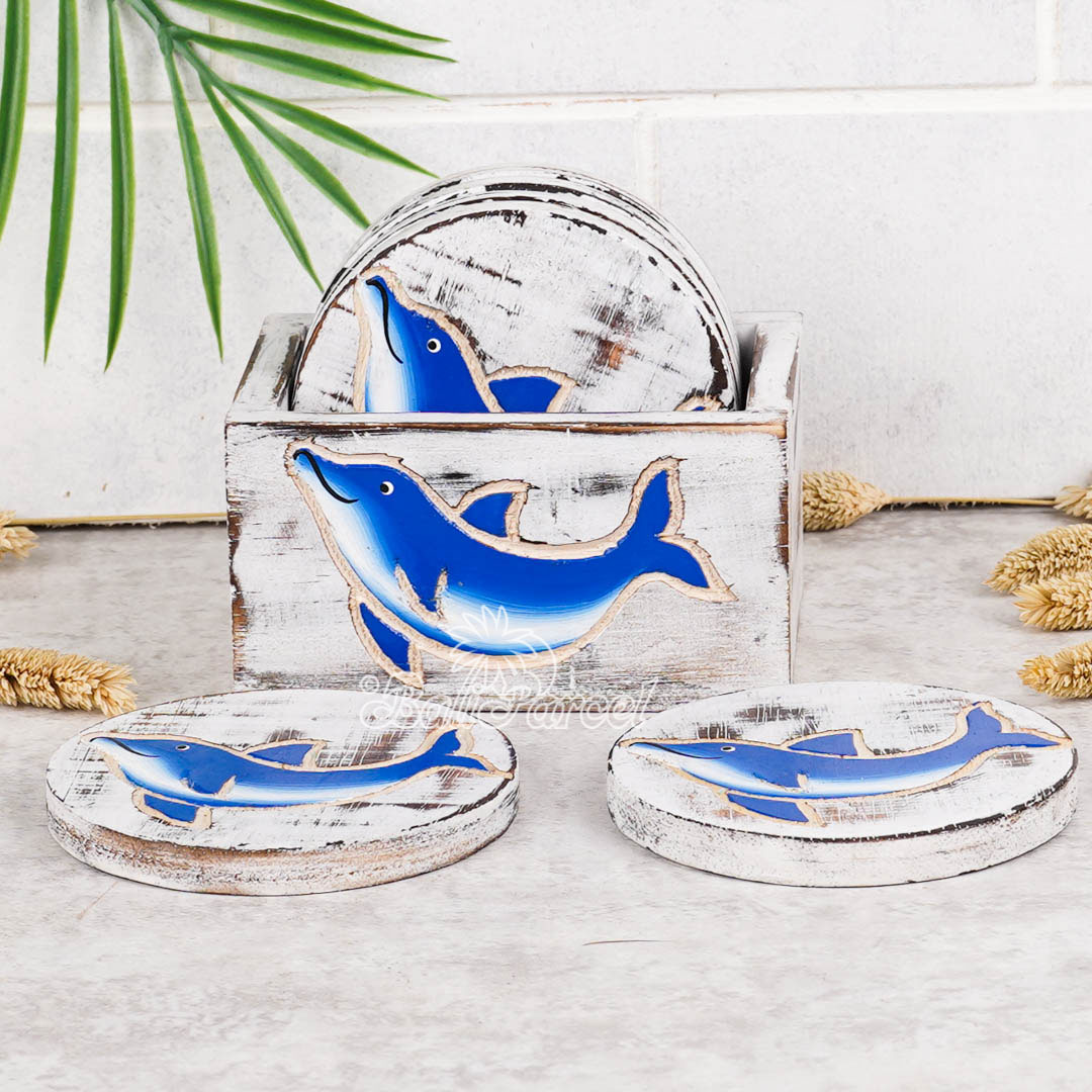 Wooden Coaster Round Set Of 6 With Boxed And Painting, Handmade From Albeisa Wood