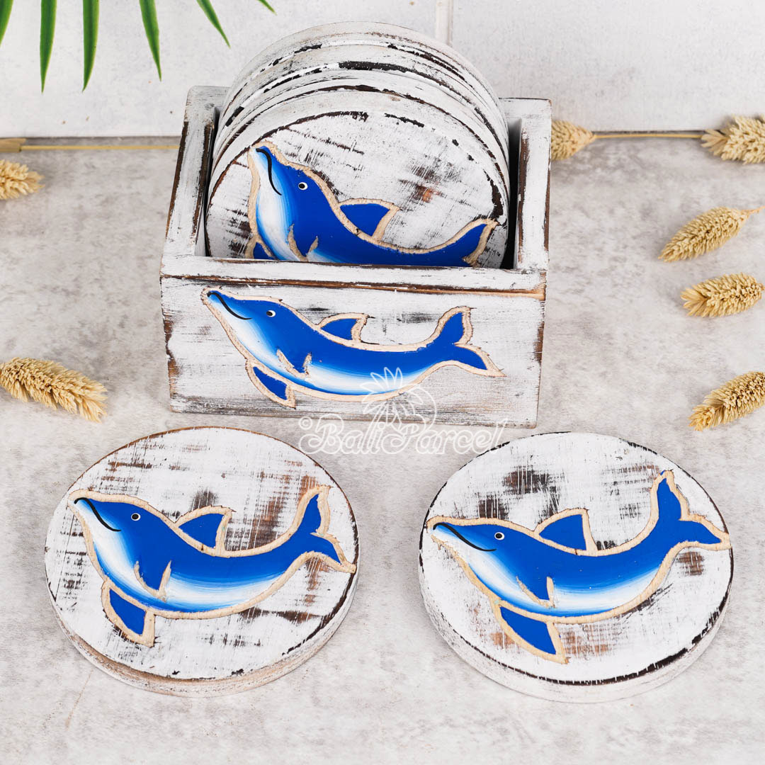 Wooden Coaster Round Set Of 6 With Boxed And Painting, Handmade From Albeisa Wood