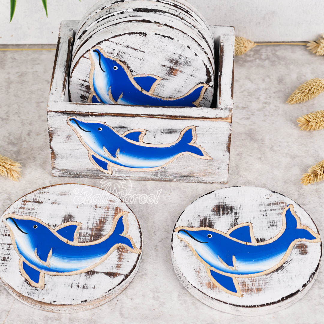 Wooden Coaster Round Set Of 6 With Boxed And Painting, Handmade From Albeisa Wood