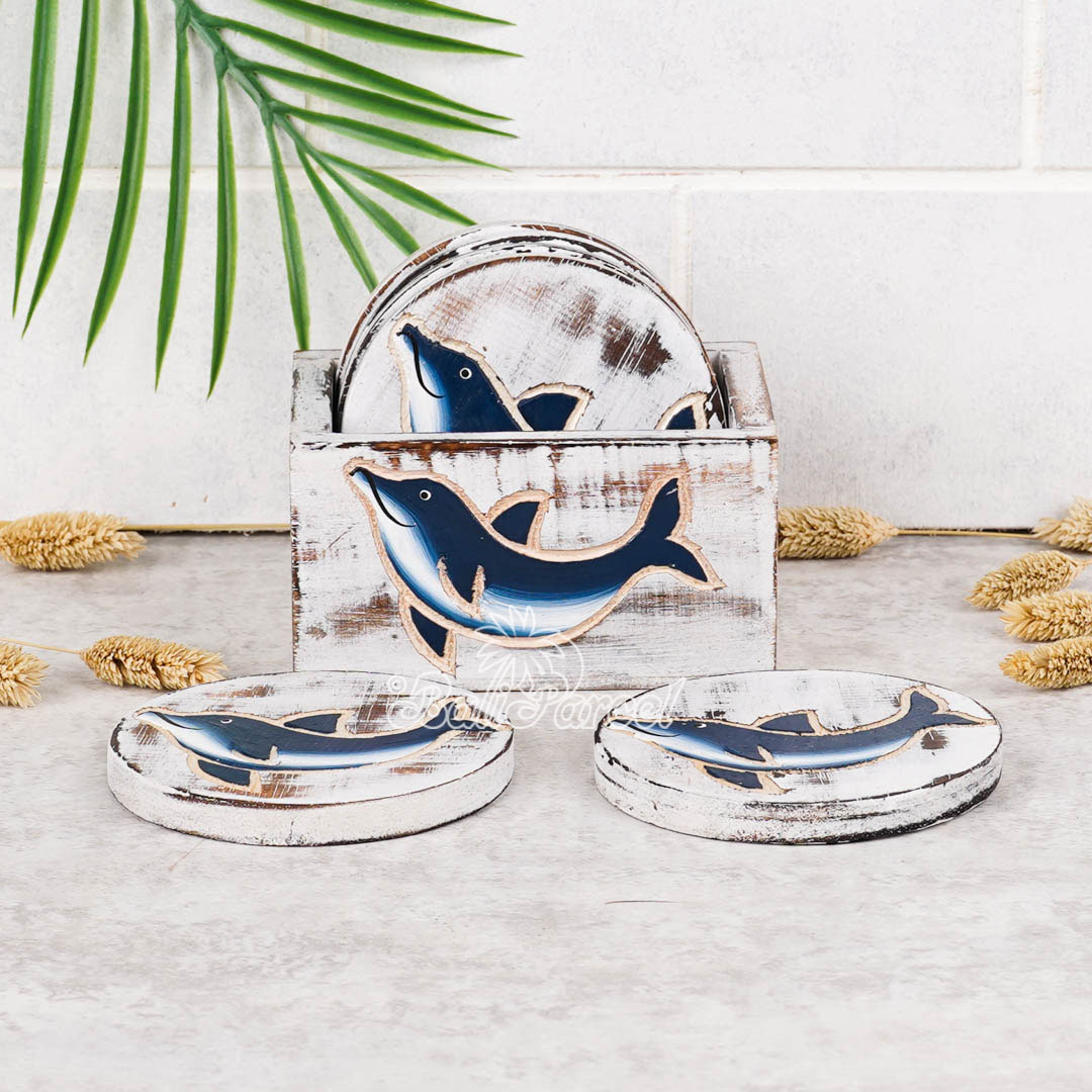 Wooden Coaster Round Set Of 6 With Boxed And Painting, Handmade From Albeisa Wood