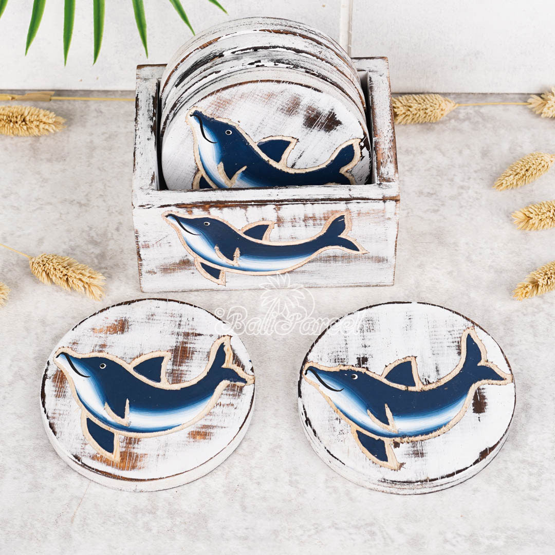 Wooden Coaster Round Set Of 6 With Boxed And Painting, Handmade From Albeisa Wood