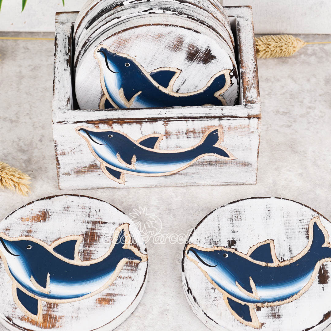 Wooden Coaster Round Set Of 6 With Boxed And Painting, Handmade From Albeisa Wood