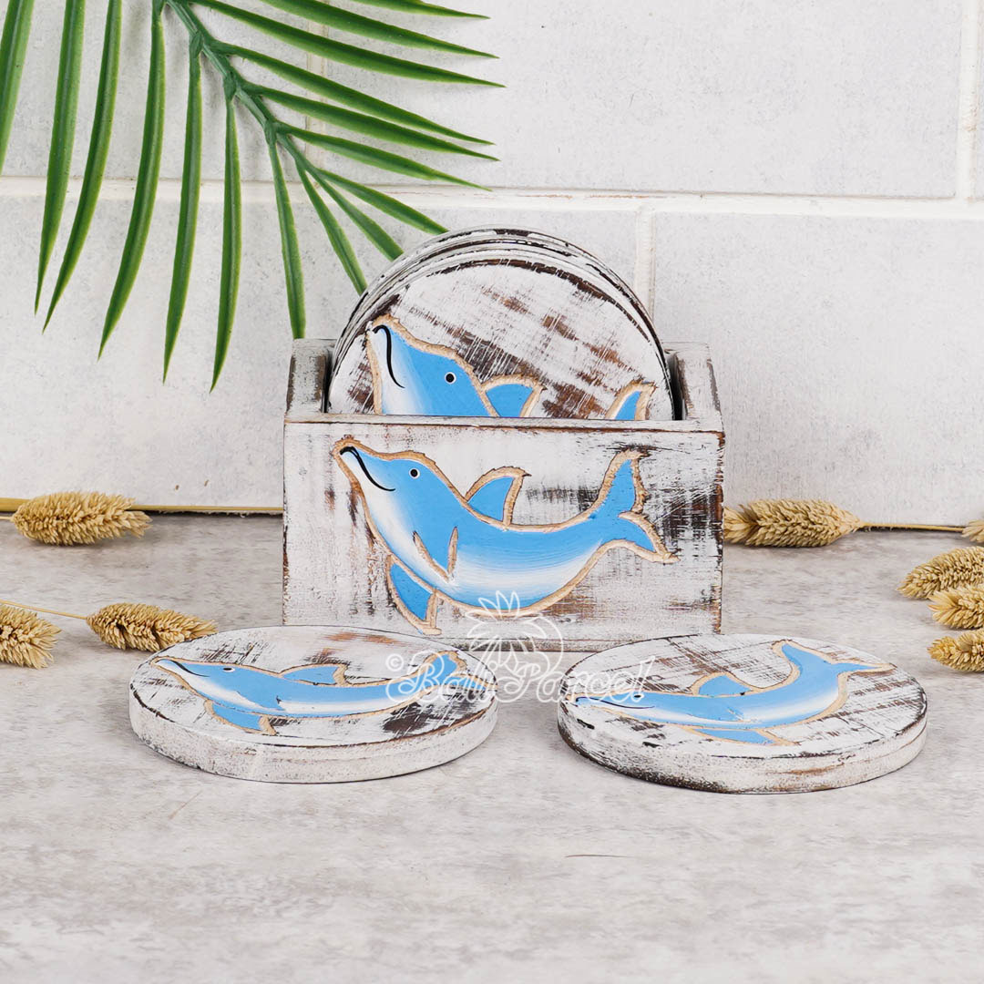 Wooden Coaster Round Set Of 6 With Boxed And Painting, Handmade From Albeisa Wood