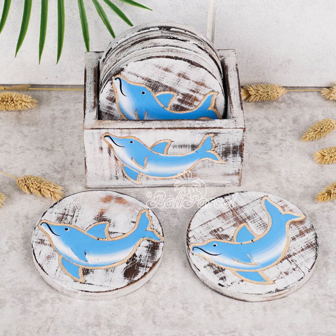 Wooden Coaster Round Set Of 6 With Boxed And Painting, Handmade From Albeisa Wood