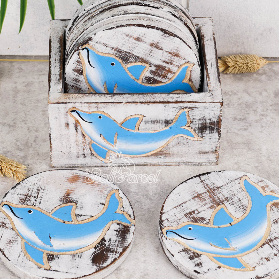 Wooden Coaster Round Set Of 6 With Boxed And Painting, Handmade From Albeisa Wood